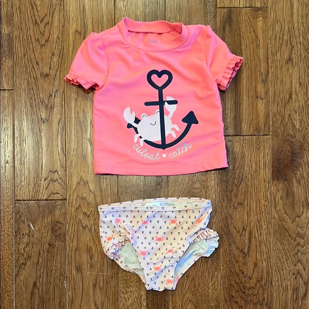 Two Piece Rashguard Bathing Suit, Pink Crab/Anchors